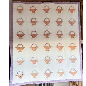 Vtg Handmade Basket Quilt Purple Orange White Hand Quilted 82" X 96" Applique